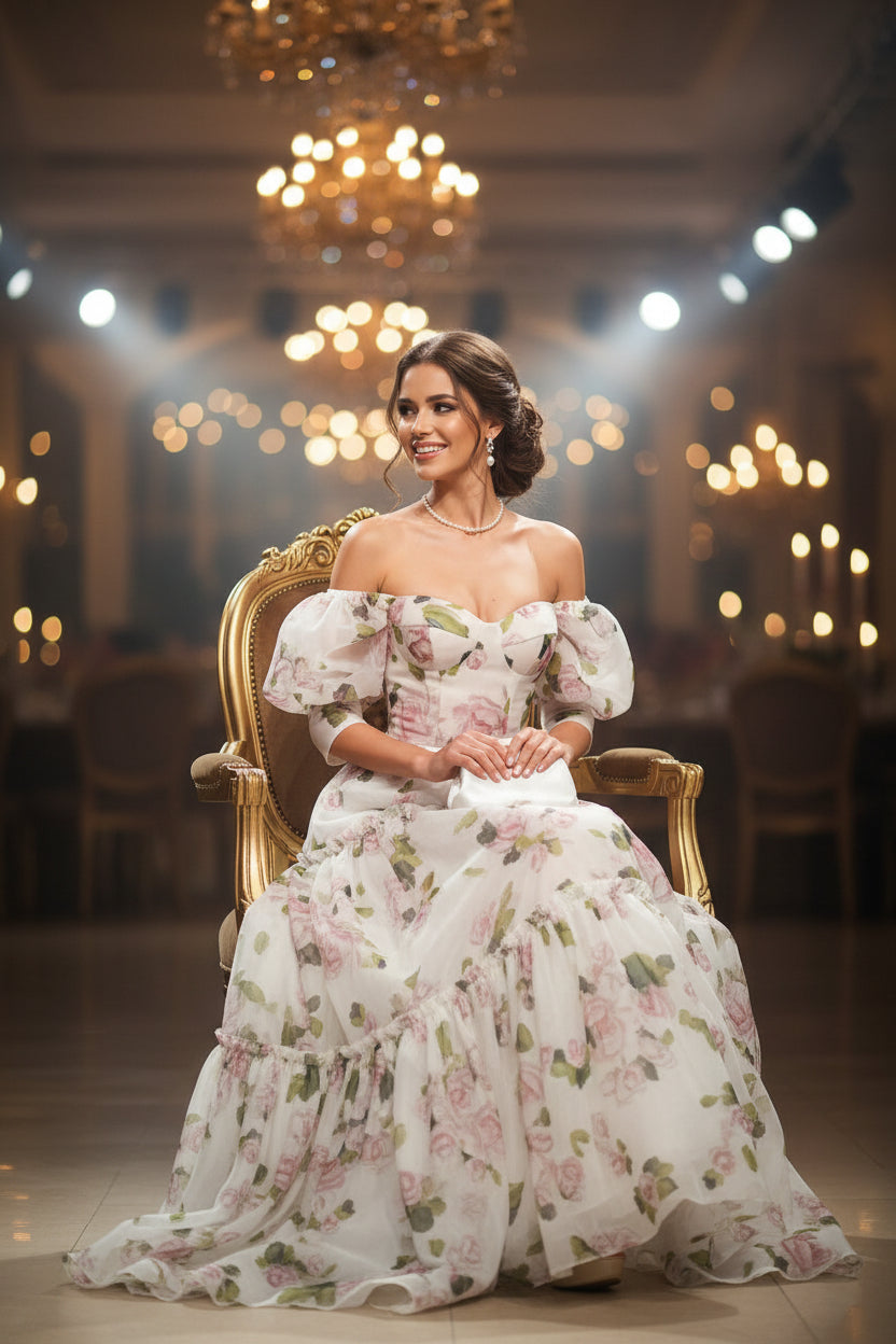 Damen Off-Shoulder Maxikleid – Elegantes Abendkleid mit Blumenmuster & Puffärmeln