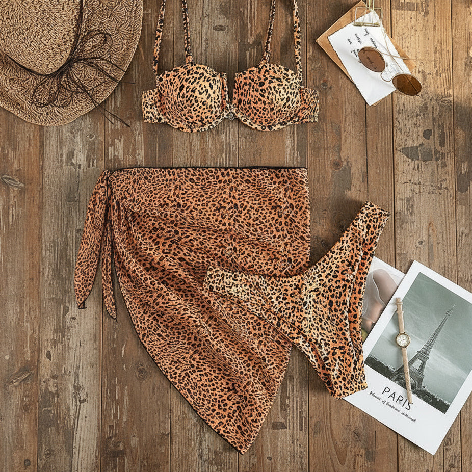 3-teiliges Damen Bikini Set mit Strandtuch Sarong – Muster Print Badeanzug XS S M L