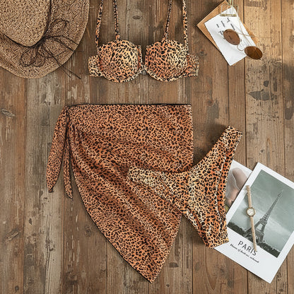 3-teiliges Damen Bikini Set mit Strandtuch Sarong – Muster Print Badeanzug XS S M L