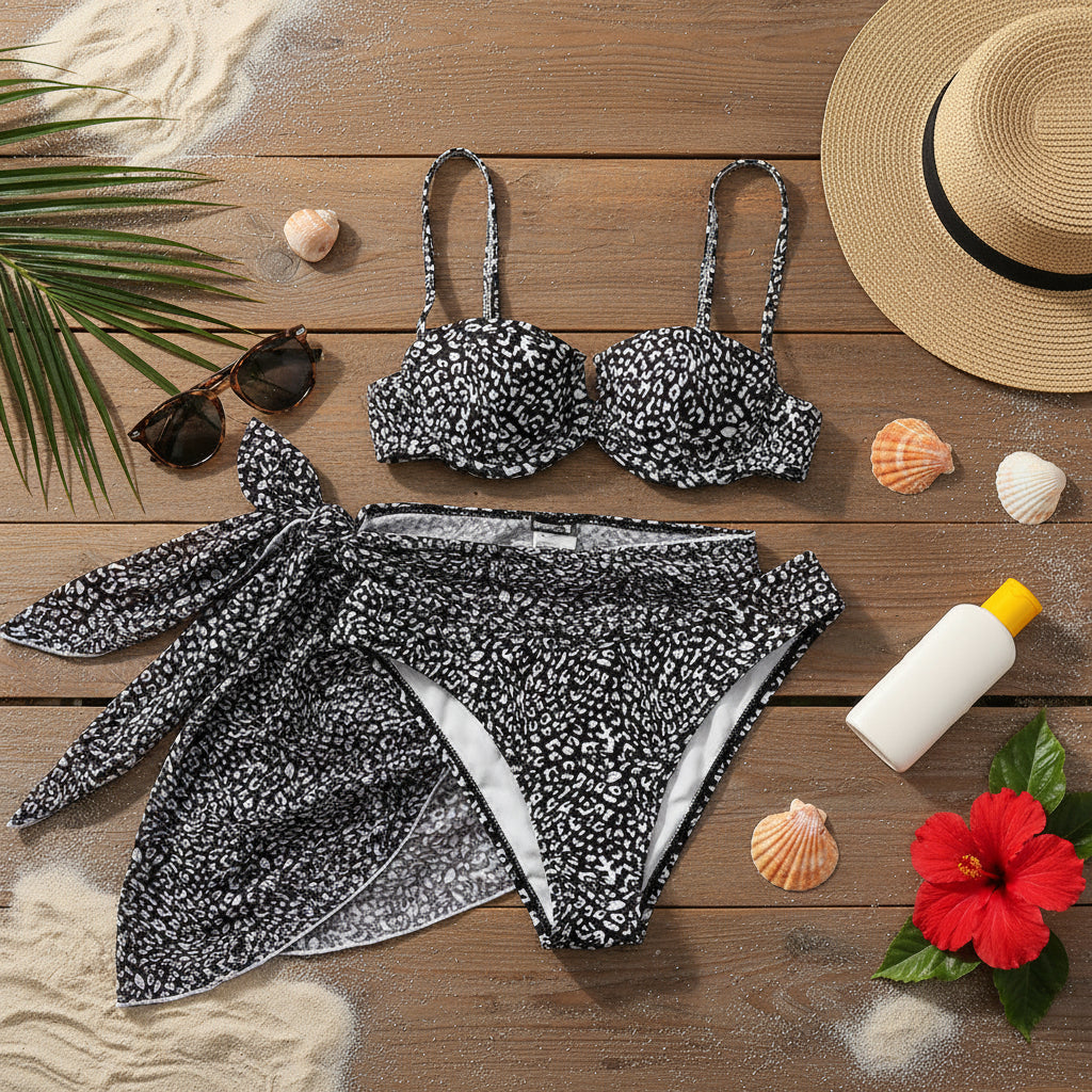 3-teiliges Damen Bikini Set mit Strandtuch Sarong – Muster Print Badeanzug XS S M L