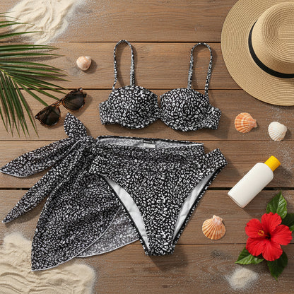 3-teiliges Damen Bikini Set mit Strandtuch Sarong – Muster Print Badeanzug XS S M L