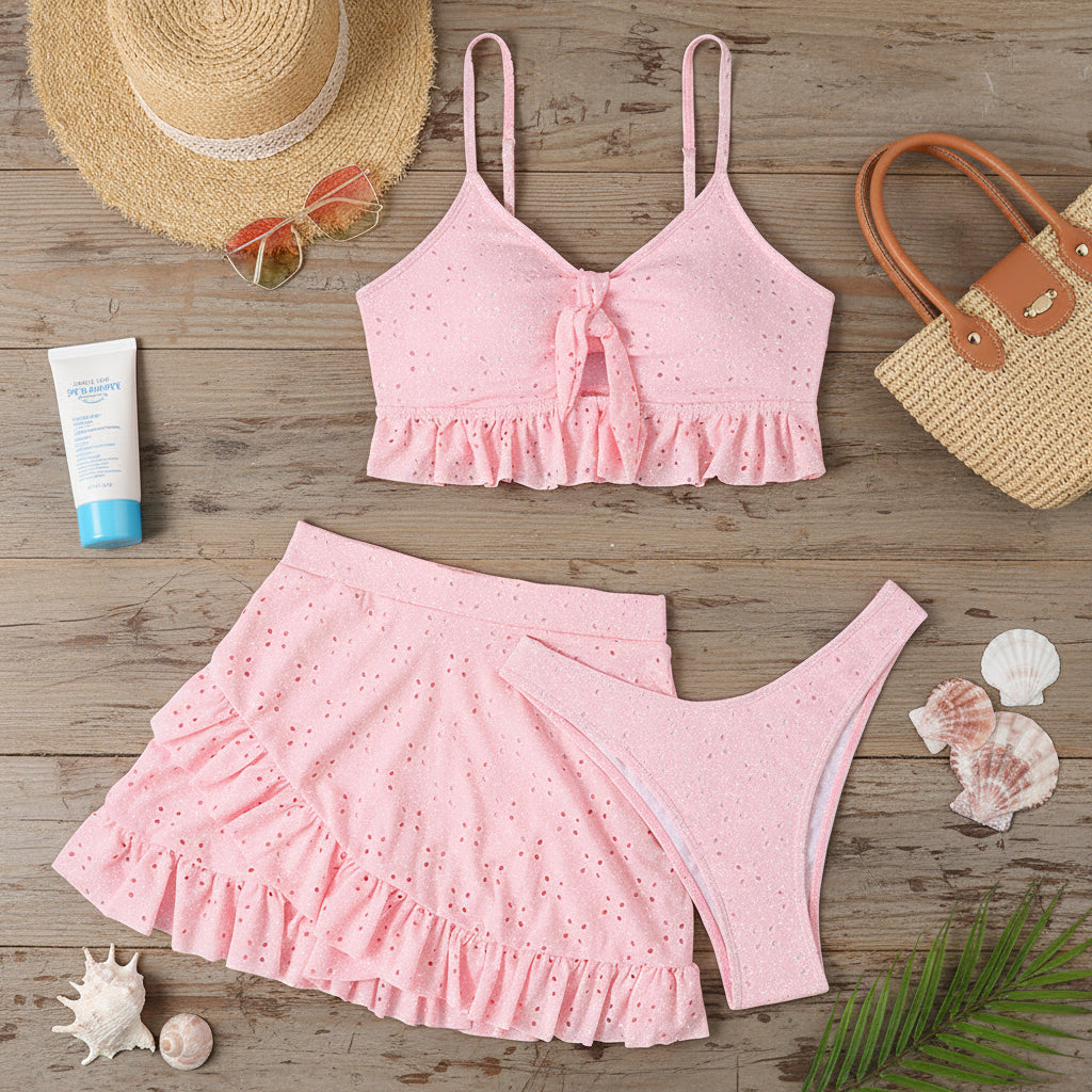 3-teiliges Damen Sommer Set – Crop Top mit Schleife, Volant-Rock & passendes Höschen – Modischer Strand-Zweiteiler aus Polyester