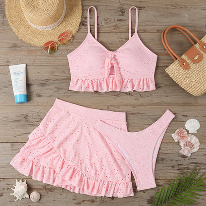 3-teiliges Damen Sommer Set – Crop Top mit Schleife, Volant-Rock & passendes Höschen – Modischer Strand-Zweiteiler aus Polyester