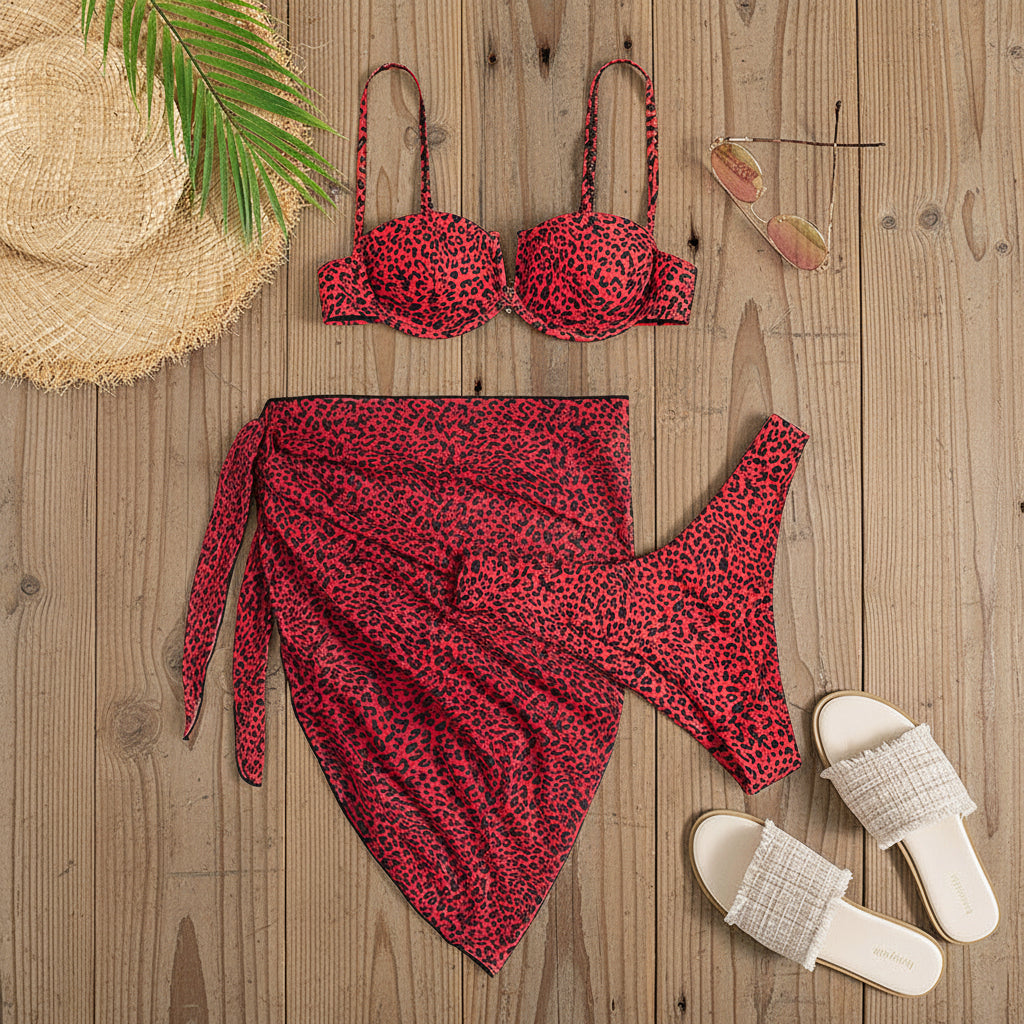 3-teiliges Damen Bikini Set mit Strandtuch Sarong – Muster Print Badeanzug XS S M L