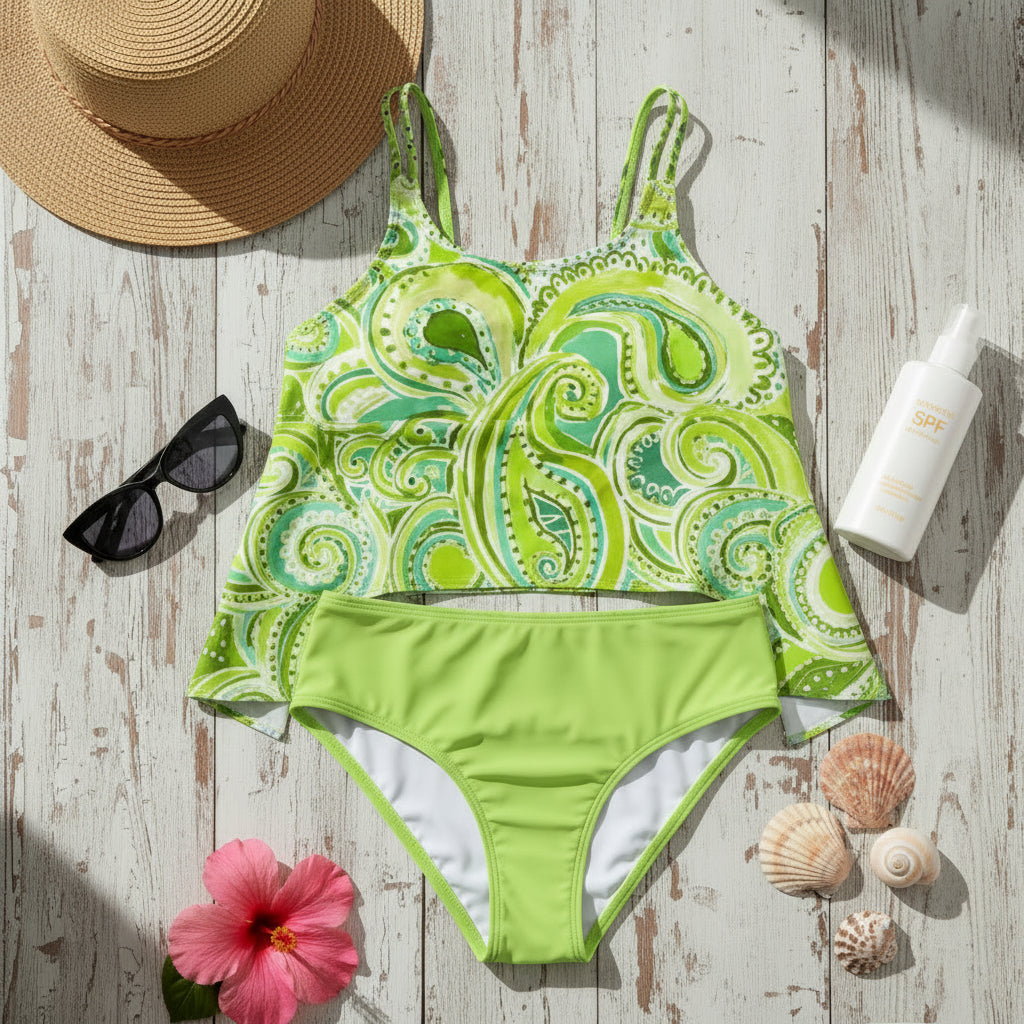 Damen Tankini Set High Waist Retro Bikini Strand Bademode Bedruckt