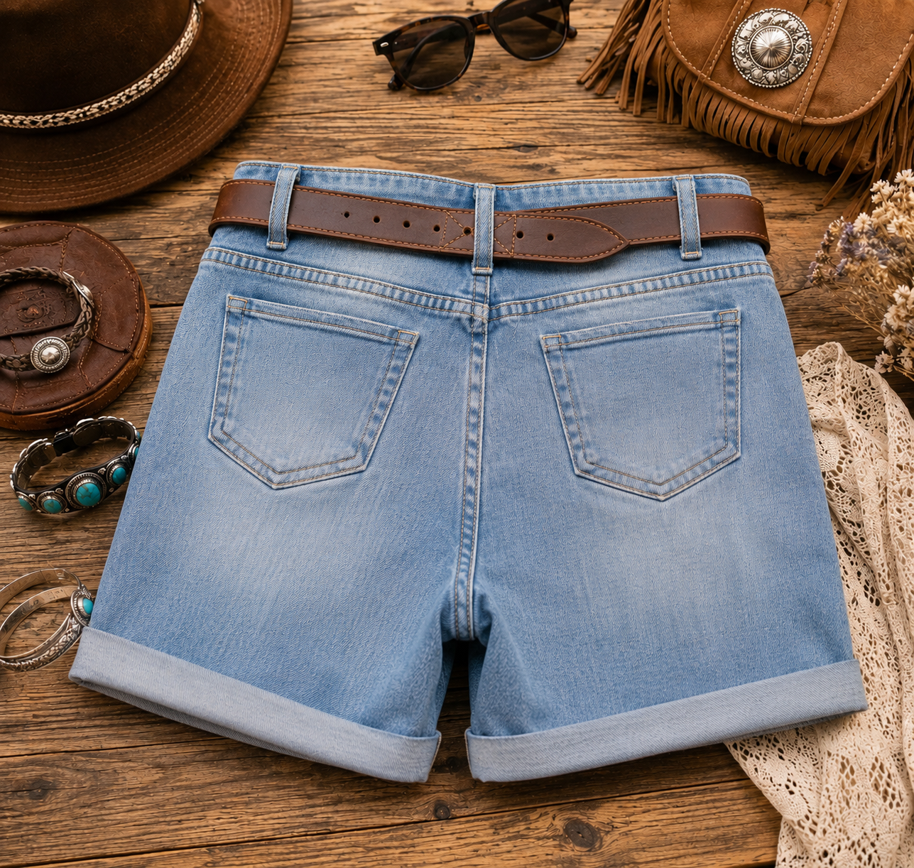 Damen Denim Shorts - High-Waist Jeans-Shorts mit elastischem Bund & Krempelsaum