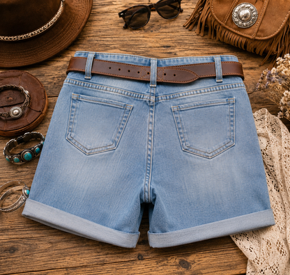 Damen Denim Shorts - High-Waist Jeans-Shorts mit elastischem Bund & Krempelsaum