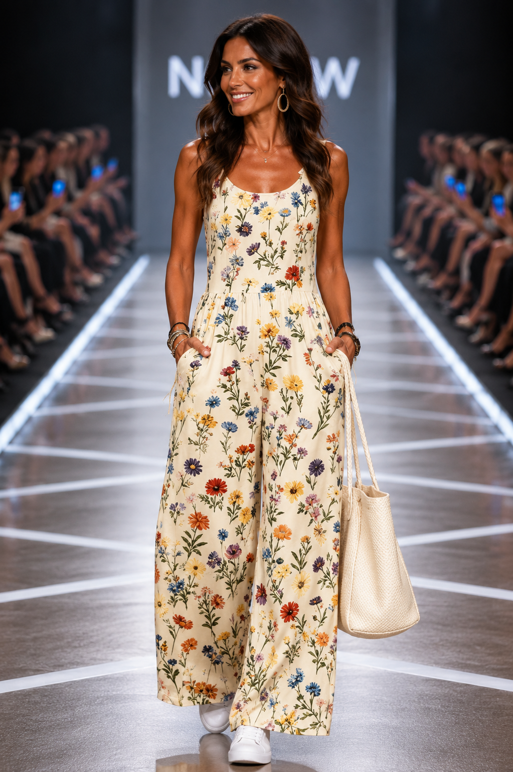 Damen Jumpsuit - Amerikanischer Retro-Print, Spaghettiträger & weites Bein