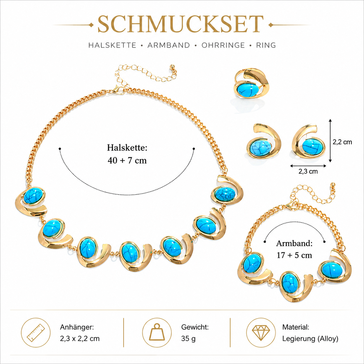 Damen Türkis Schmuck-Set Spiral Design Kette Armband Ring Ohrringe