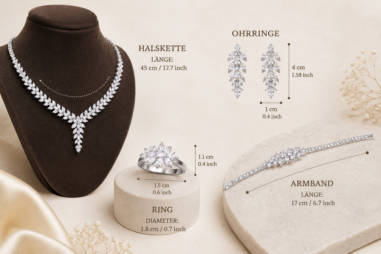 Damen Zirkon Silber Schmuck-Set Kette Ohrringe Ring Geschenkbox