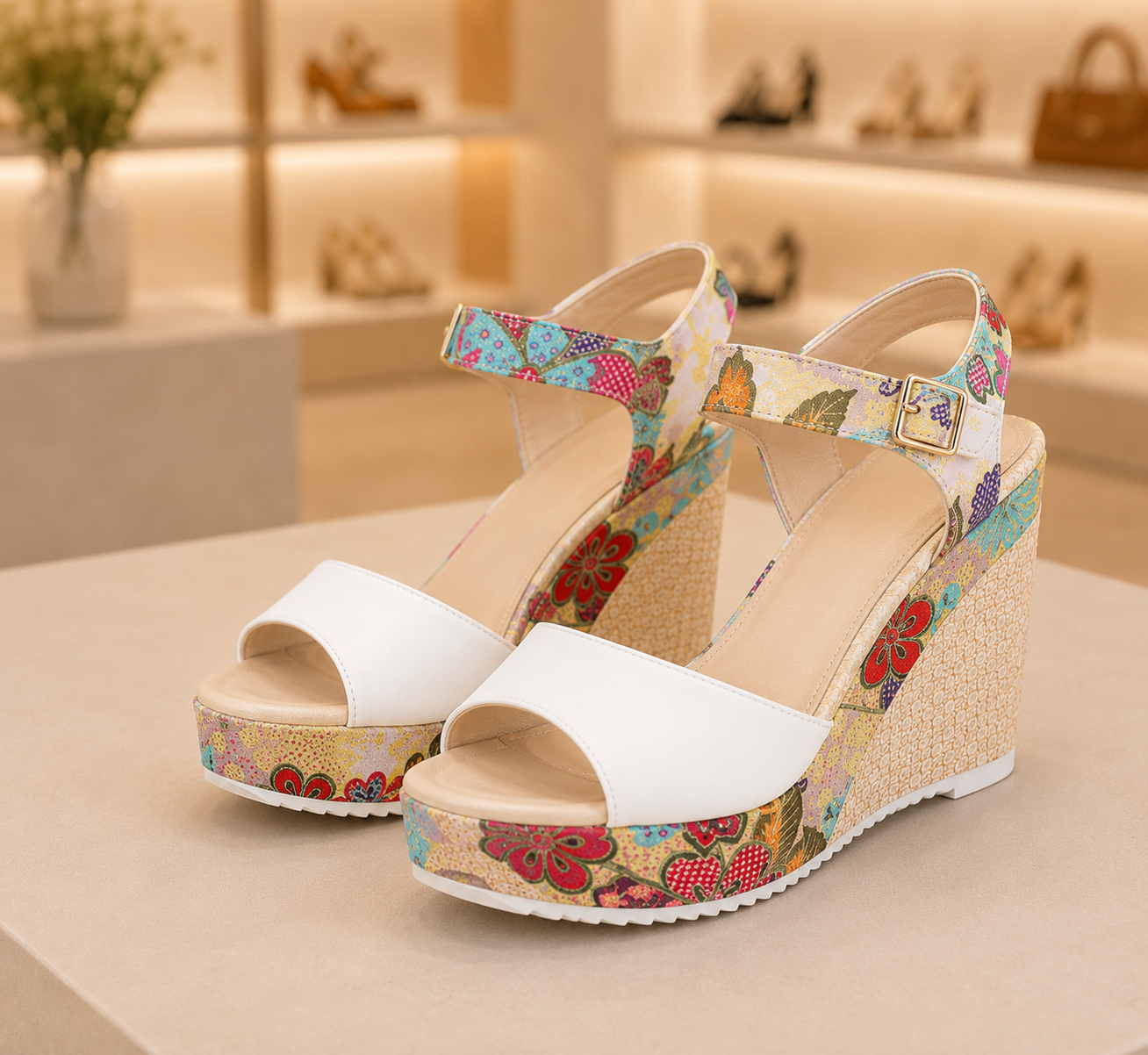 Damen Keilsandalen Blumen Platform High Heel Sandalen Gr. 35-40