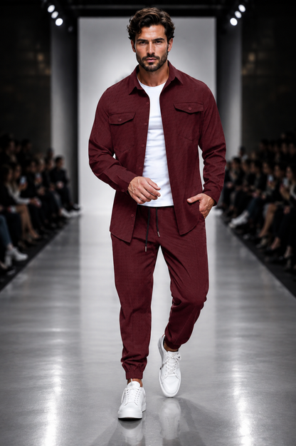 Herren Freizeit-Set Langarmhemd mit Brusttaschen & Hose Zweiteiler Casual