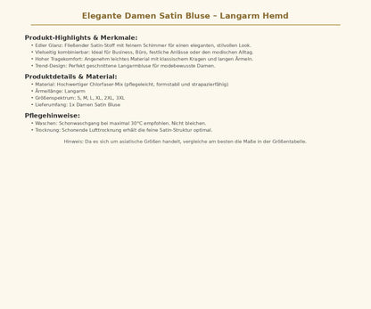 Elegante Damen Satin Bluse Langarm Hemd mit edlem Glanz Stilvolle Langarmbluse für Business, Büro, Freizeit & festliche Anlässe Angenehmer Tragekomfort Modisches Oberteil in den Größen S bis 3XL