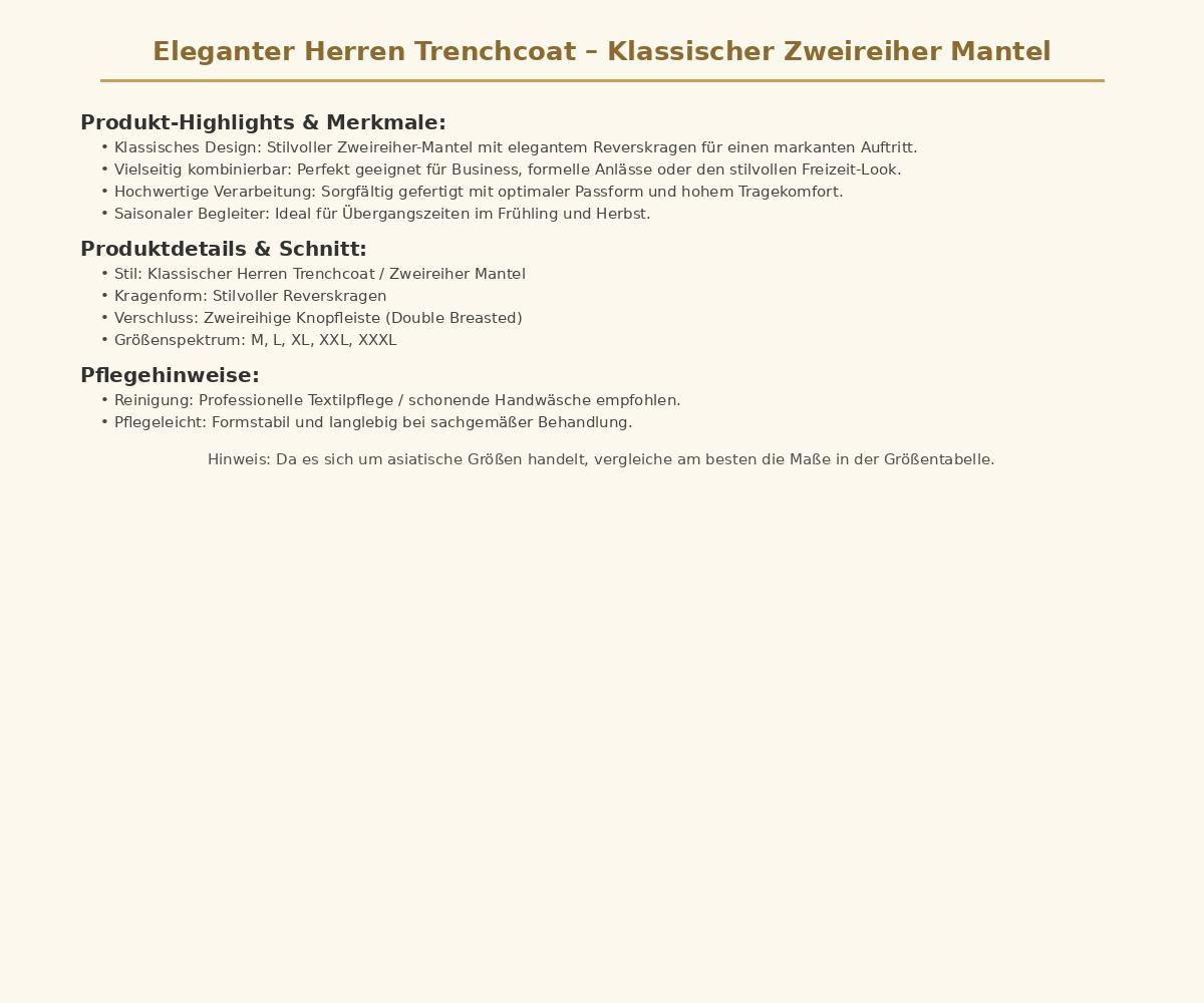 Eleganter Herren Trenchcoat Klassischer Zweireiher Mantel mit Reverskragen Stilvoller Übergangsmantel für Business und Freizeit Modische Herrenbekleidung in den Größen M bis XXXL