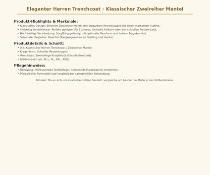 Eleganter Herren Trenchcoat Klassischer Zweireiher Mantel mit Reverskragen Stilvoller Übergangsmantel für Business und Freizeit Modische Herrenbekleidung in den Größen M bis XXXL