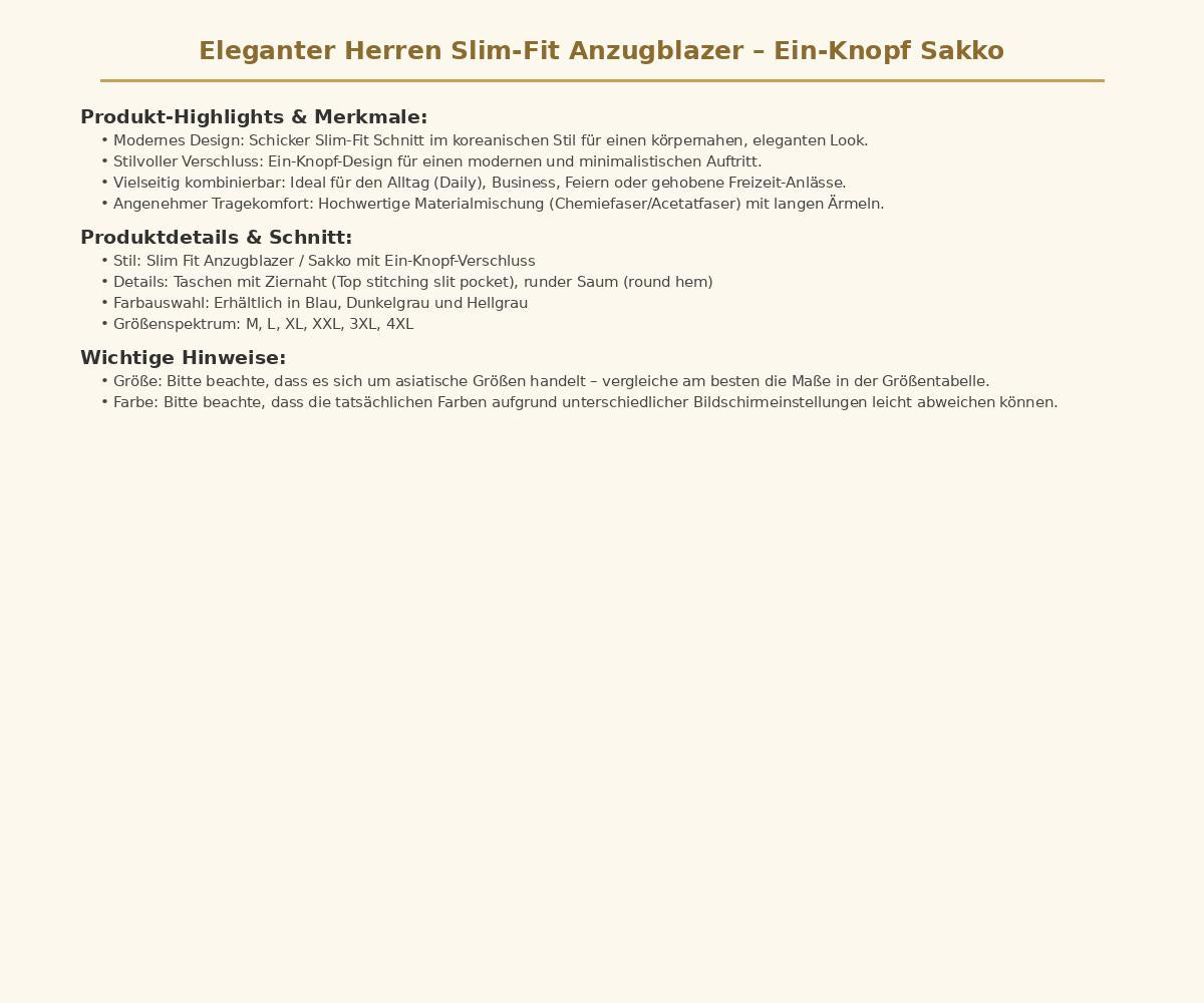 Eleganter Herren Slim Fit Anzugblazer Modisches Ein Knopf Sakko im modernen Stil Stilvoller Blazer für Business und Freizeit Bequeme Herrenbekleidung in den Größen M bis 4XL