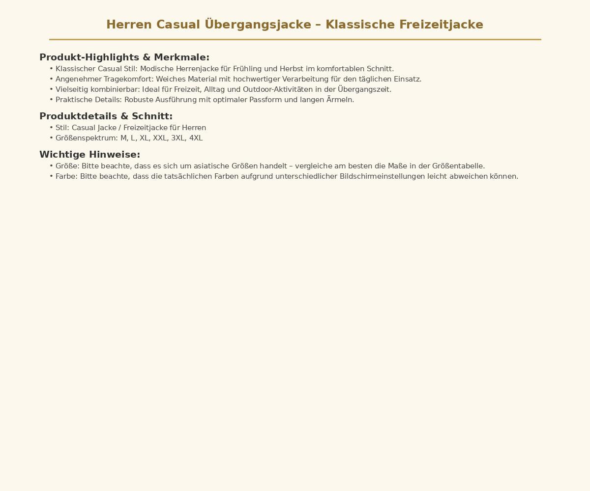 Herren Casual Übergangsjacke Klassische Freizeitjacke Modische Herrenbekleidung für Frühling und Herbst Bequeme Freizeitjacke in den Größen M bis 4XL