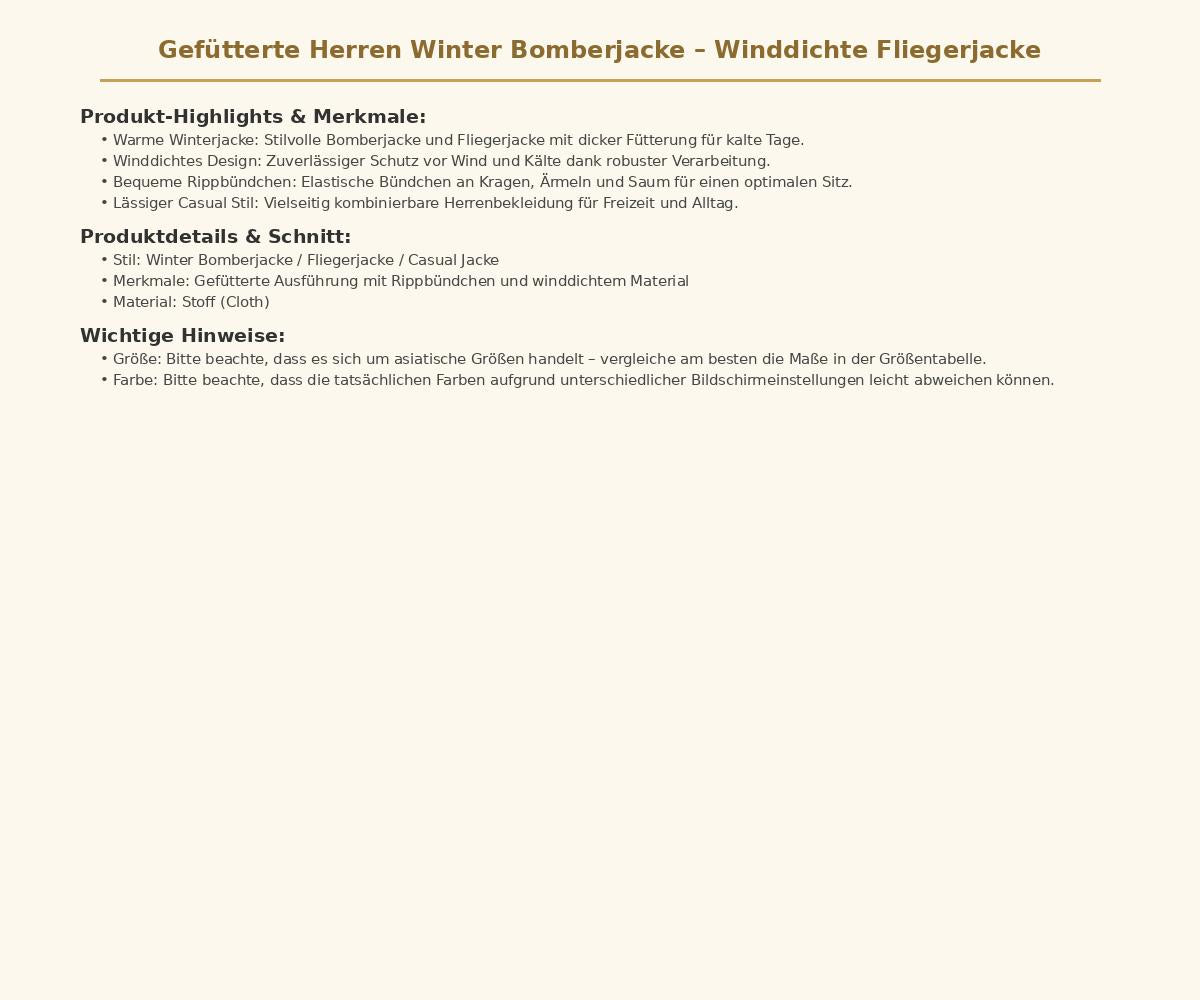 Gefütterte Herren Winter Bomberjacke Winddichte Fliegerjacke Modische Herrenbekleidung mit Rippbündchen Warme Freizeitjacke für die kalte Jahreszeit