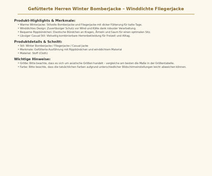 Gefütterte Herren Winter Bomberjacke Winddichte Fliegerjacke Modische Herrenbekleidung mit Rippbündchen Warme Freizeitjacke für die kalte Jahreszeit