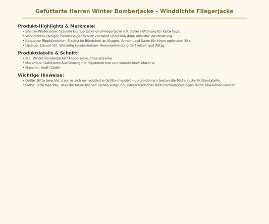 Gefütterte Herren Winter Bomberjacke Winddichte Fliegerjacke Modische Herrenbekleidung mit Rippbündchen Warme Freizeitjacke für die kalte Jahreszeit