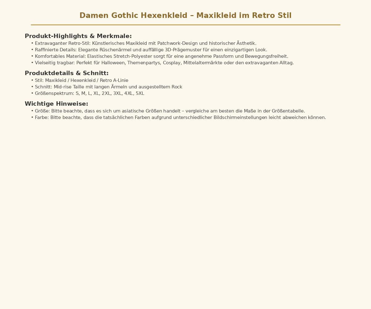 Damen Gothic Hexenkleid Maxikleid im Retro Stil Extravagantes Kostüm in verschiedenen Varianten mit Rüschenärmeln und 3D Muster Größen S bis 5XL