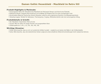 Damen Gothic Hexenkleid Maxikleid im Retro Stil Extravagantes Kostüm in verschiedenen Varianten mit Rüschenärmeln und 3D Muster Größen S bis 5XL