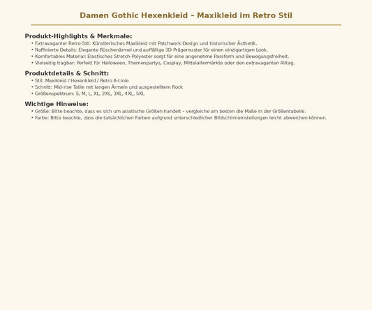 Damen Gothic Hexenkleid Maxikleid im Retro Stil Extravagantes Kostüm in verschiedenen Varianten mit Rüschenärmeln und 3D Muster Größen S bis 5XL