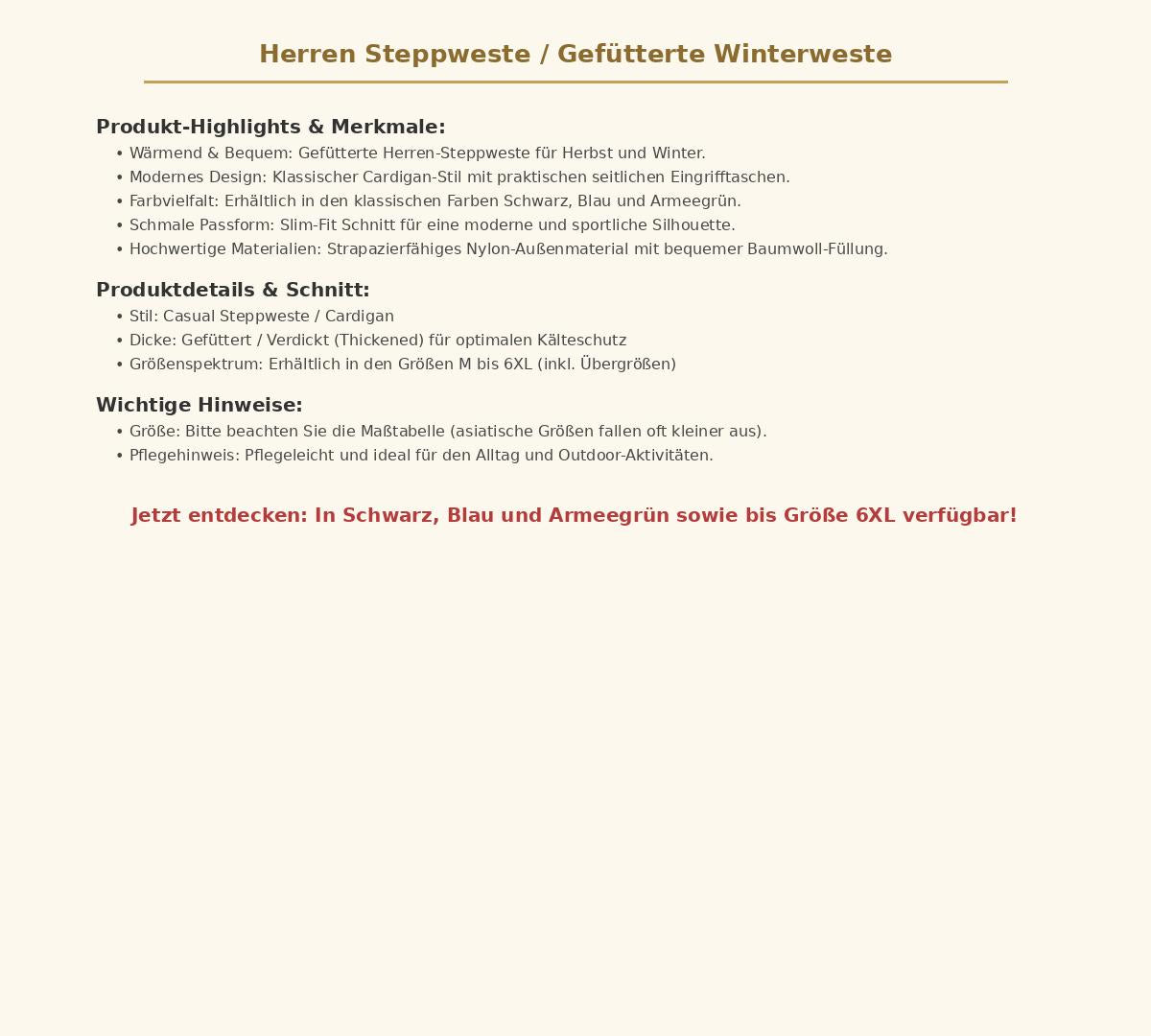 Herren Steppweste Gefütterte Winterweste – Warme Slim-Fit Outdoor-Weste mit Taschen, Farben Schwarz Blau Armeegrün, Größen M bis 6XL