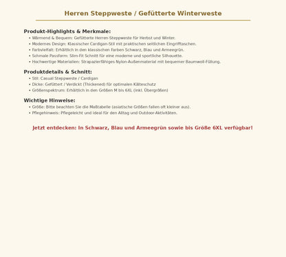 Herren Steppweste Gefütterte Winterweste – Warme Slim-Fit Outdoor-Weste mit Taschen, Farben Schwarz Blau Armeegrün, Größen M bis 6XL