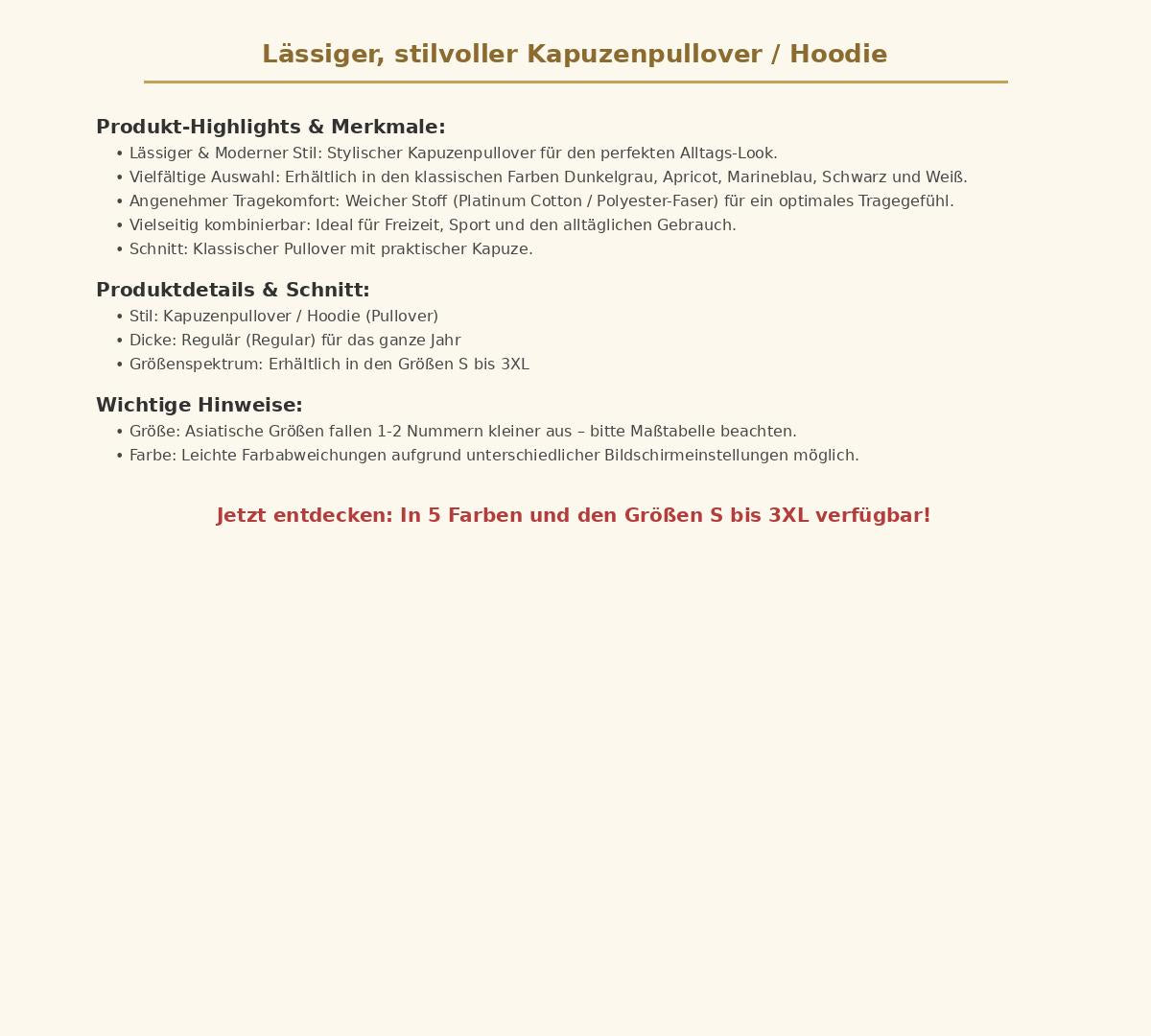 Lässiger stilvoller Kapuzenpullover Hoodie – Bequemer Herren Pullover mit Kapuze in verschiedenen Farben, Größen S bis 3XL