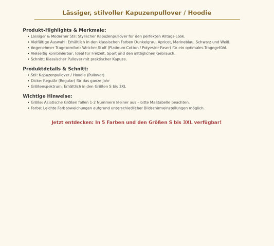 Lässiger stilvoller Kapuzenpullover Hoodie – Bequemer Herren Pullover mit Kapuze in verschiedenen Farben, Größen S bis 3XL