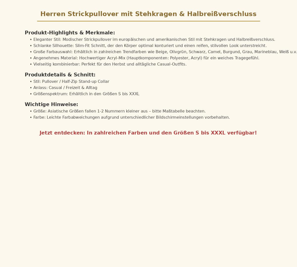 Herren Strickpullover mit Stehkragen & Halbreißverschluss – Modischer Slim Fit Pullover in vielen Trendfarben, Größen S bis XXXL