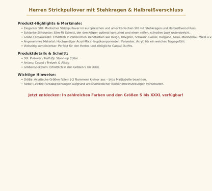 Herren Strickpullover mit Stehkragen & Halbreißverschluss – Modischer Slim Fit Pullover in vielen Trendfarben, Größen S bis XXXL
