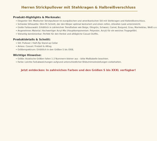 Herren Strickpullover mit Stehkragen & Halbreißverschluss – Modischer Slim Fit Pullover in vielen Trendfarben, Größen S bis XXXL