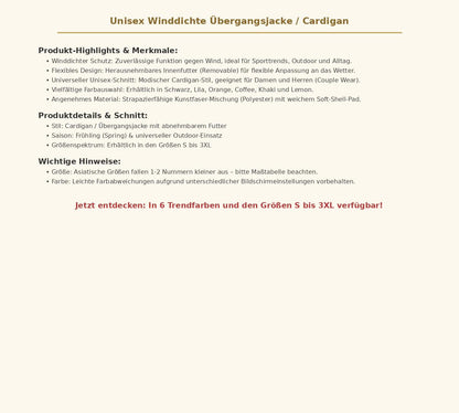 Unisex Winddichte Übergangsjacke – Funktions Cardigan mit abnehmbarem Futter, Sport & Outdoor Outdoorjacke in Farben, Größen S bis 3XL