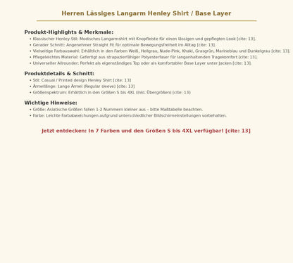 Herren Lässiges Langarm Henley Shirt Base Layer – Modisches Freizeithemd mit Knopfleiste im Straight Fit, Größen S bis 4XL