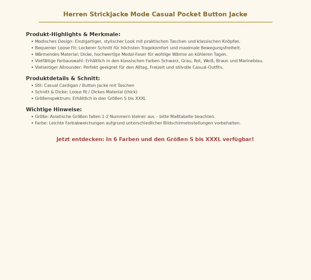 Herren Strickjacke Mode Casual Pocket Button Jacke – Warmer Cardigan mit Knöpfen im Loose Fit, Größen S bis XXXL