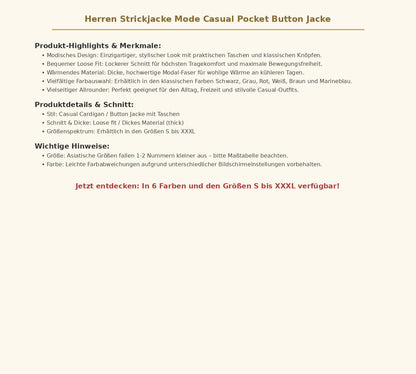 Herren Strickjacke Mode Casual Pocket Button Jacke – Warmer Cardigan mit Knöpfen im Loose Fit, Größen S bis XXXL