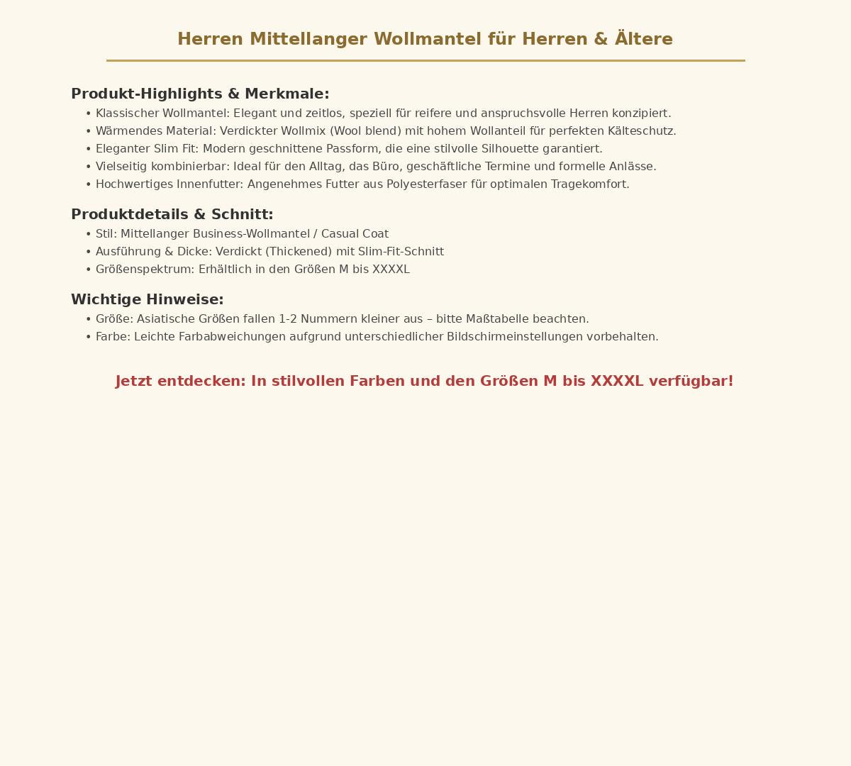 Herren Mittellanger Wollmantel – Eleganter Business Mantel aus Wollmix mit Slim Fit, verdickter Kälteschutz, Größen M bis XXXXL