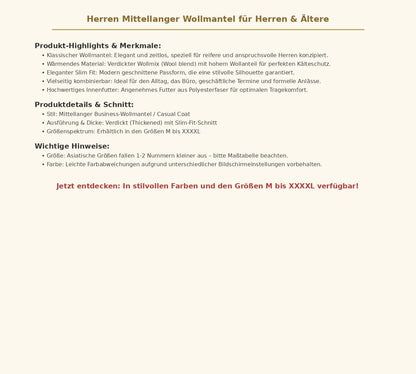 Herren Mittellanger Wollmantel – Eleganter Business Mantel aus Wollmix mit Slim Fit, verdickter Kälteschutz, Größen M bis XXXXL