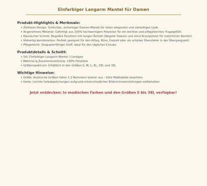 Damen Einfarbiger Langarm Mantel – Schlichter Übergangsmantel aus 100% Polyester in Regular Fit, Größen S bis 3XL