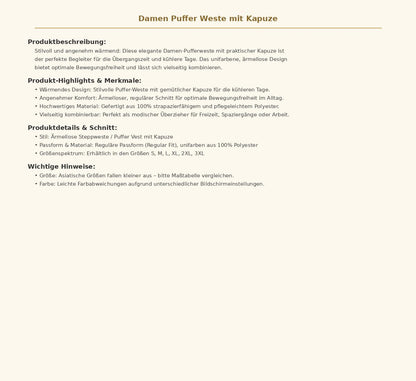 Damen Puffer Weste mit Kapuze – Elegante Steppweste in Regular Fit aus 100% Polyester, Größen S bis 3XL
