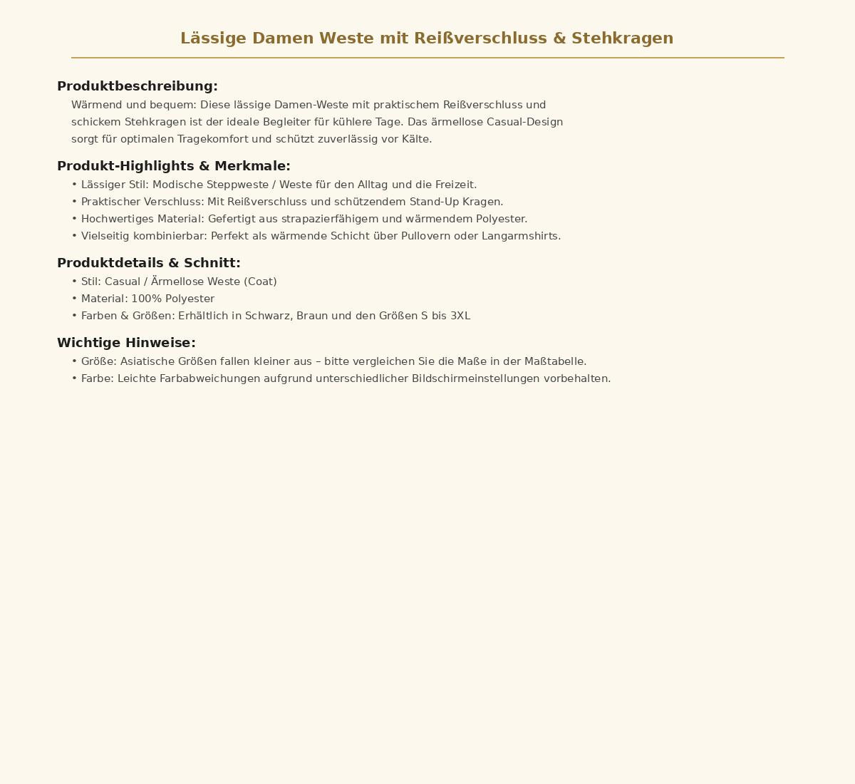 Lässige Damen Weste mit Reißverschluss & Stehkragen – Wärmende ärmellose Freizeitjacke für Herbst und Winter
