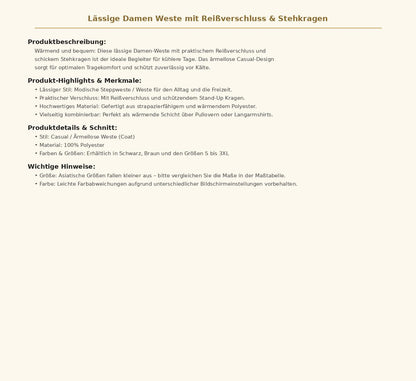 Lässige Damen Weste mit Reißverschluss & Stehkragen – Wärmende ärmellose Freizeitjacke für Herbst und Winter