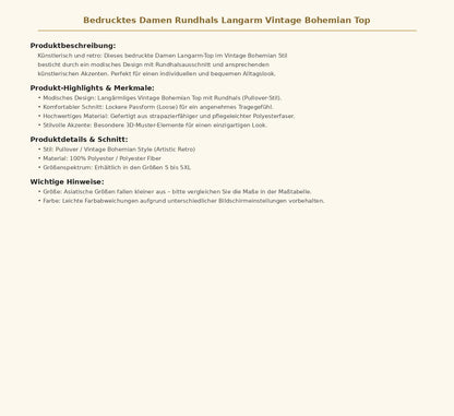 Bedrucktes Damen Rundhals Langarm Vintage Bohemian Top – Lässiger Long-Sleeve Pullover mit Muster für Alltag und Freizeit