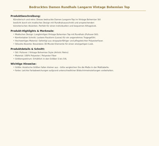 Bedrucktes Damen Rundhals Langarm Vintage Bohemian Top – Lässiger Long-Sleeve Pullover mit Muster für Alltag und Freizeit