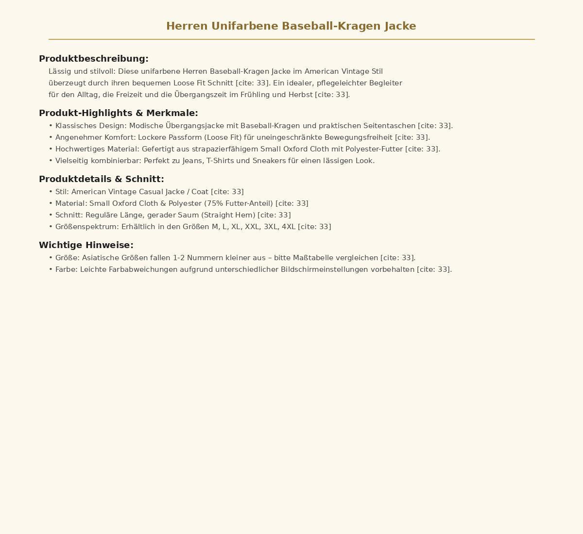 Herren Unifarbene Baseball-Kragen Jacke – Lässige Übergangsjacke im American Vintage Stil für Alltag und Freizeit