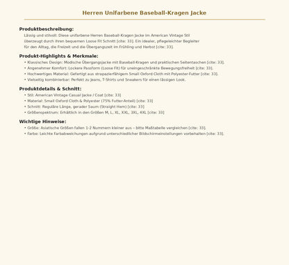 Herren Unifarbene Baseball-Kragen Jacke – Lässige Übergangsjacke im American Vintage Stil für Alltag und Freizeit