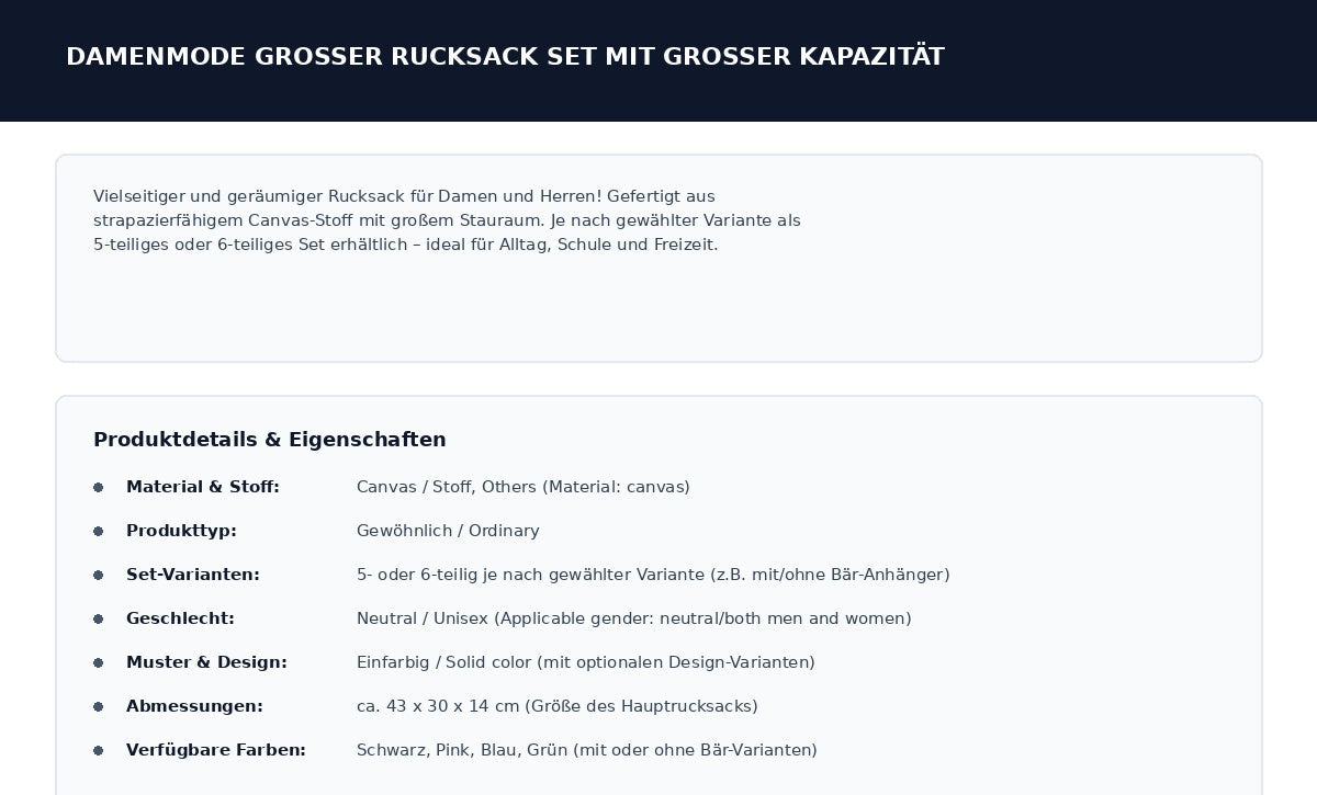 Rucksack Set Große Kapazität Canvas Schultasche Freizeit Rucksack Damen