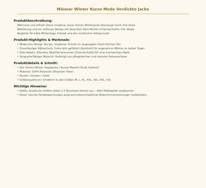 Männer Winter Kurze Mode Verdickte Jacke – Dichte Gefütterte Steppjacke für Herren für Freizeit und Outdoor